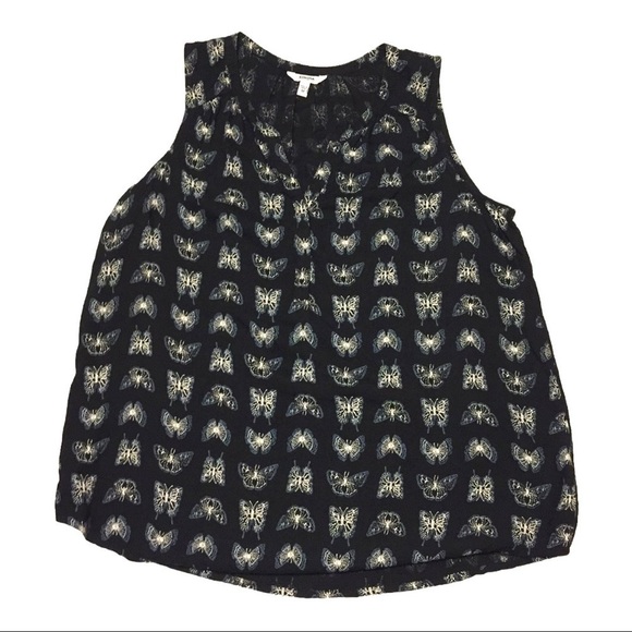 Y2K white butterflies on navy Henley rayon tank top size Medium whimsy playful. - Picture 2 of 9